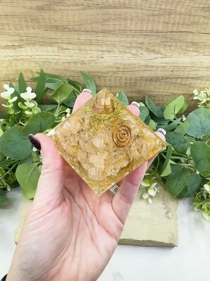 Citrine Orgonite Pyramid with Clear Quartz Point – Joy, Abundance & Manifestation Tool (2.7")