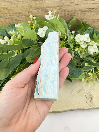 Caribbean Calcite Hemimorphite Tower No. 3 – 5.4″ Sliced & Druzy Crystal Tower | 246 g