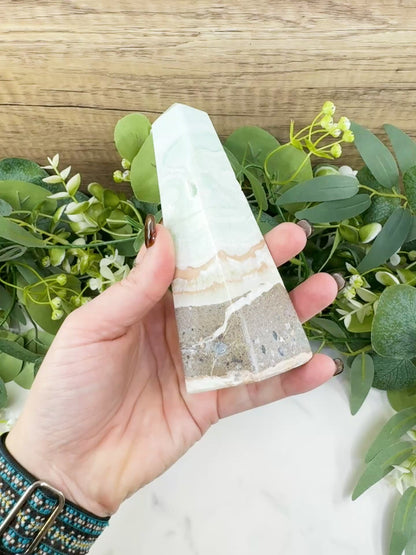 Caribbean Calcite Obelisk Tower No. 5 – Polished Blue Calcite & Aragonite Standing Point for Calm & Third Eye Activation