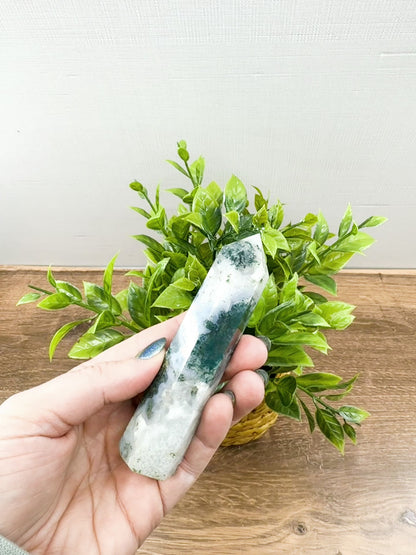 Moss Agate Tower Point – Tranquil Earthy Charm for Spiritual Connection