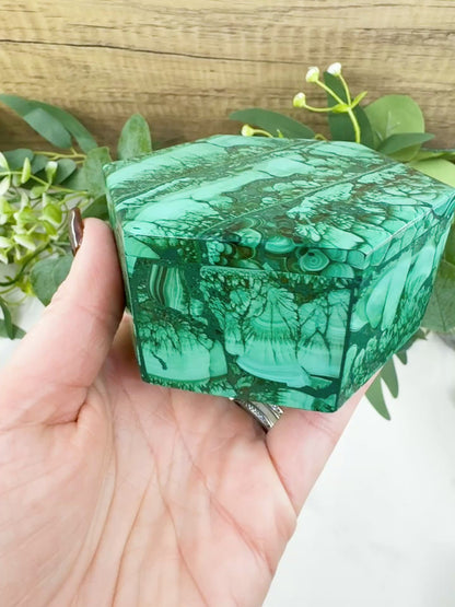Polished Malachite Hexagon Jewelry Box (.85lb) – 3.8" Natural Green Stone Trinket Box for Heart Healing & Transformation