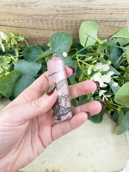 Rhodonite Tower Point Crystal | Emotional Healing Heart Chakra Stone | 3.4 Inch Pink Gemstone Obelisk