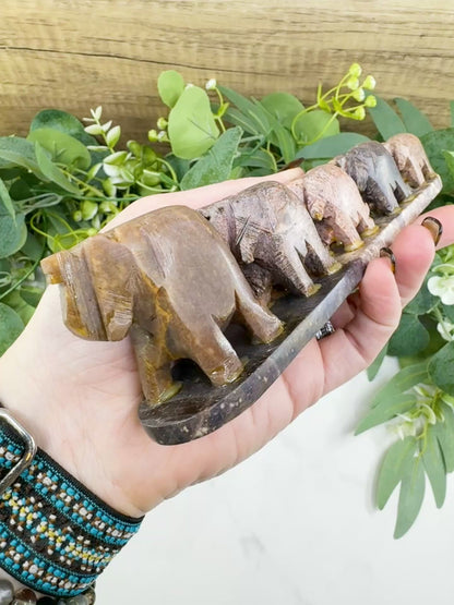 Hand-Carved Smooth Soapstone Elephant Train – 7" Natural Stone Family Sculpture – Decorative Elephant Figurine for Luck, Strength, & Wisdom