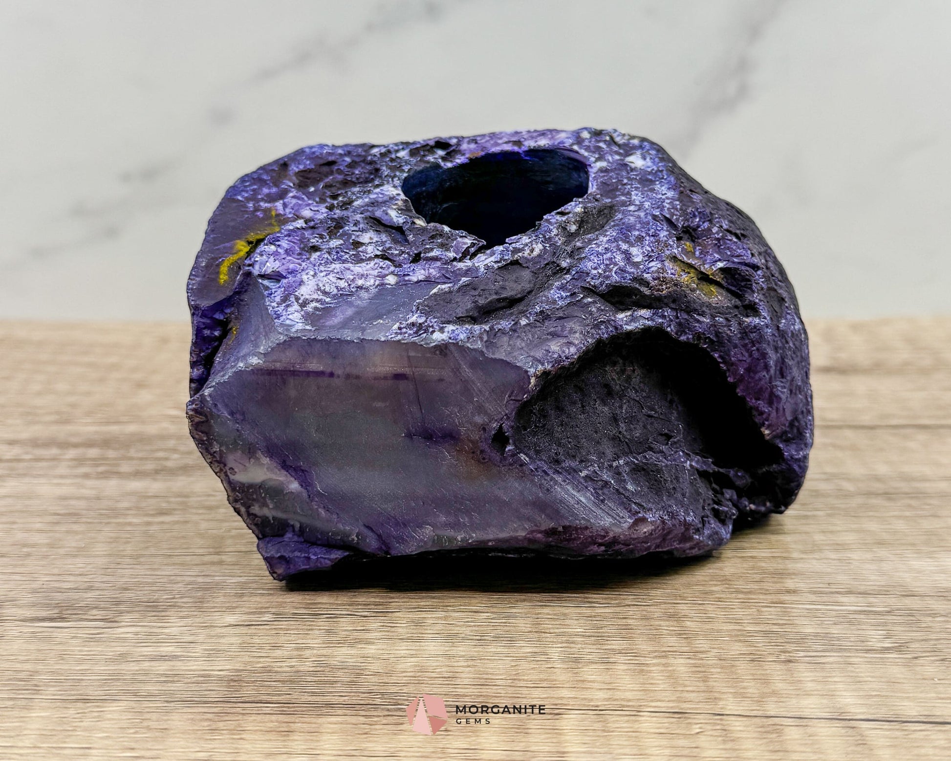 Purple Agate Candle Stand – Cut Base with One Polished Side-Morganite Gems