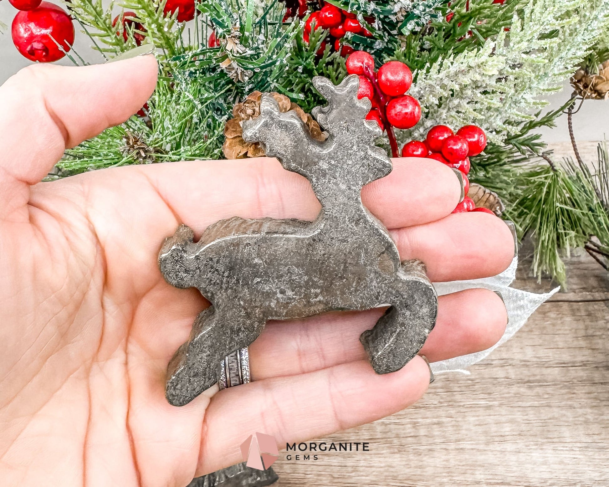 Pyrite Reindeer Carving – Festive Handcrafted Holiday Decor-Morganite Gems