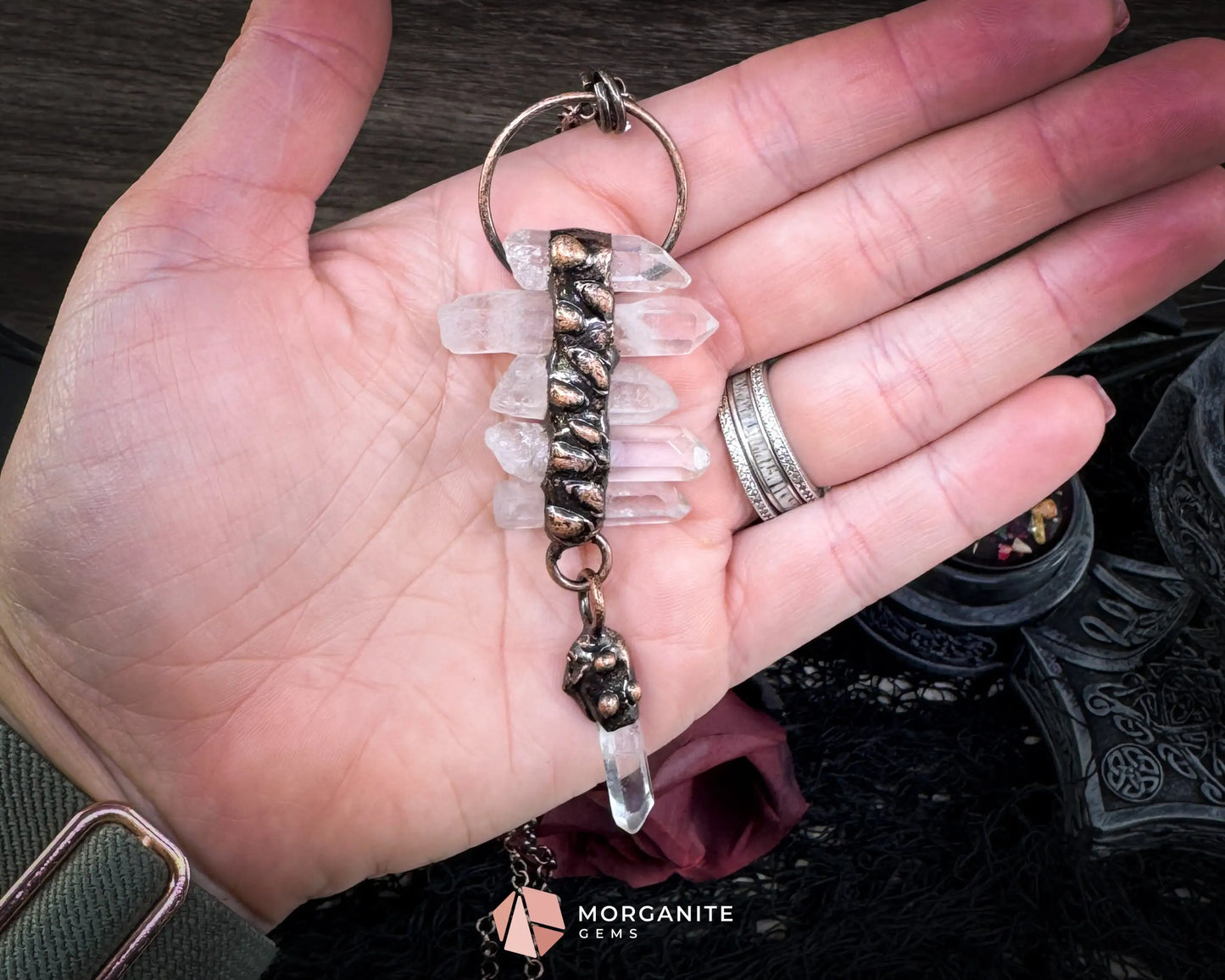 Irregular Clear Quartz Tassel Necklace – Six-Piece Gemstone Pendant on Copper Chain - Jewelry