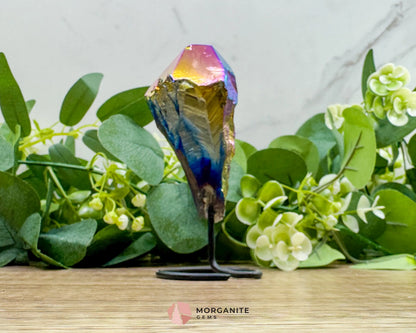 Rainbow Aura Black Obsidian No. 1 – Crystal Point on Metal Stand for Protection Grounding & Energy Clearing