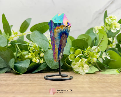 Rainbow Aura Black Obsidian No. 1 – Crystal Point on Metal Stand for Protection Grounding & Energy Clearing