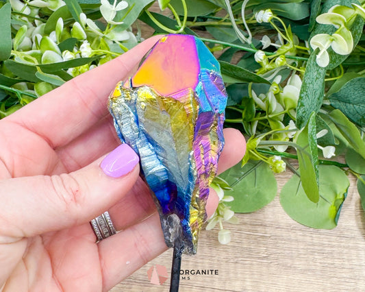 Rainbow Aura Black Obsidian No. 1 – Crystal Point on Metal Stand for Protection Grounding & Energy Clearing