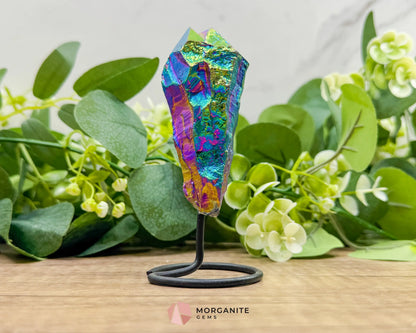 Rainbow Aura Black Obsidian No. 1 – Crystal Point on Metal Stand for Protection Grounding & Energy Clearing