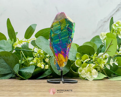 Rainbow Aura Black Obsidian No. 3 – Crystal Point on Metal Stand for Protection Grounding & Chakra Energy Work