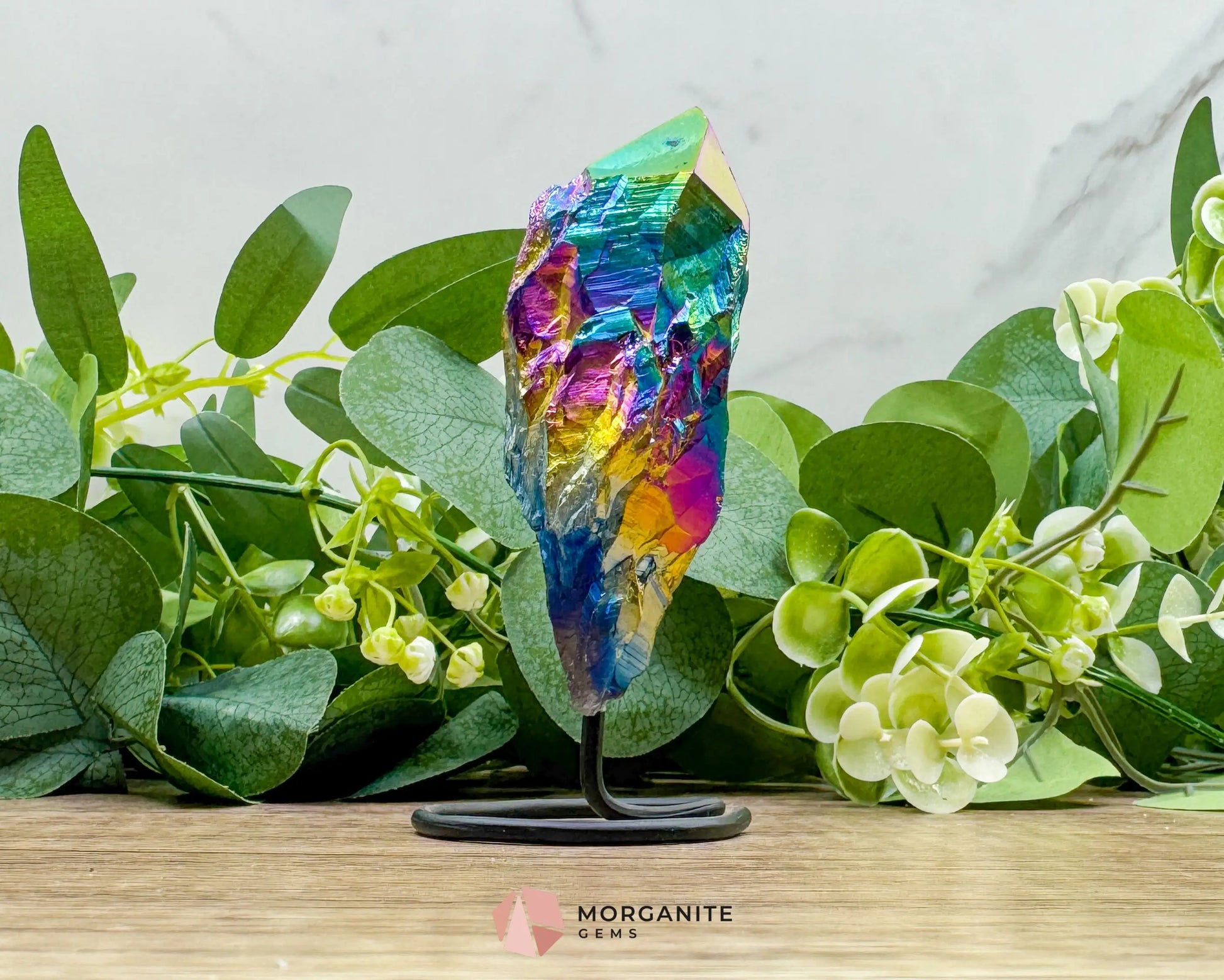Rainbow Aura Black Obsidian No. 3 – Crystal Point on Metal Stand for Protection Grounding & Chakra Energy Work