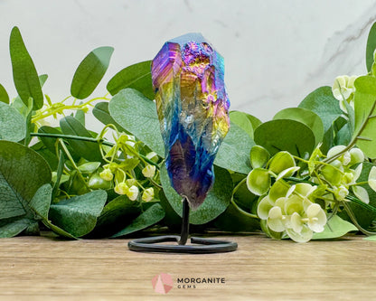 Rainbow Aura Black Obsidian No. 3 – Crystal Point on Metal Stand for Protection Grounding & Chakra Energy Work