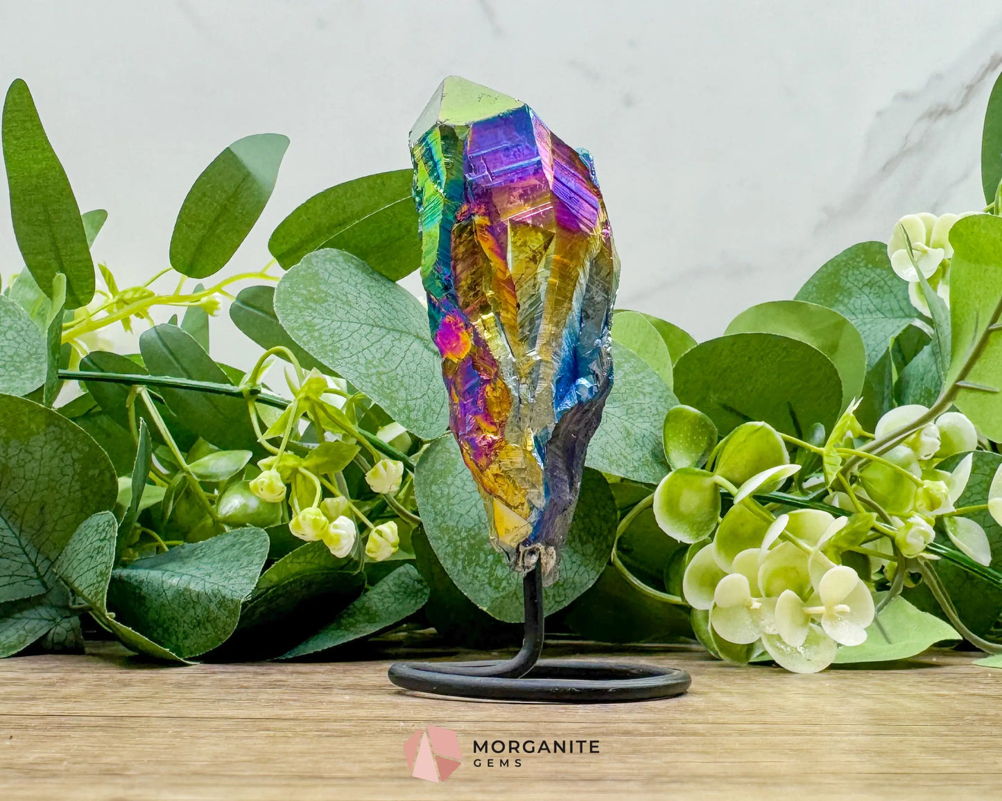 Rainbow Aura Black Obsidian No. 3 – Crystal Point on Metal Stand for Protection Grounding & Chakra Energy Work