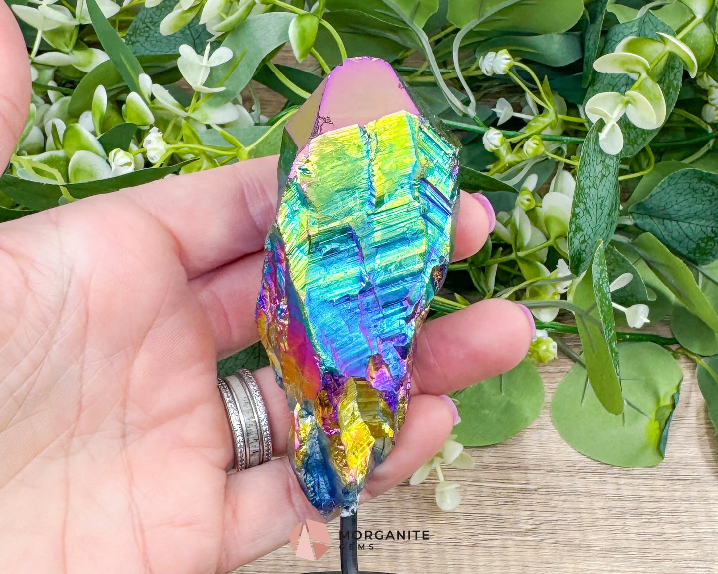 Rainbow Aura Black Obsidian No. 3 – Crystal Point on Metal Stand for Protection Grounding & Chakra Energy Work