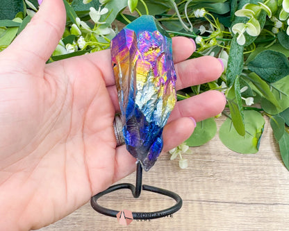 Rainbow Aura Black Obsidian No. 3 – Crystal Point on Metal Stand for Protection Grounding & Chakra Energy Work