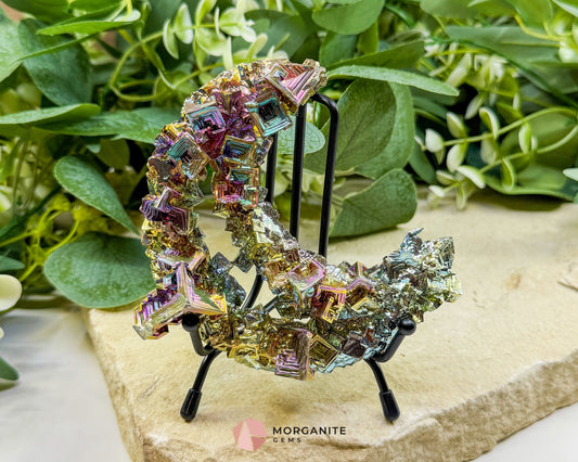 Rainbow Bismuth Moon Sculpture with Stand – Iridescent Crystal Crescent for Display Altar & Energy Work 🌙✨