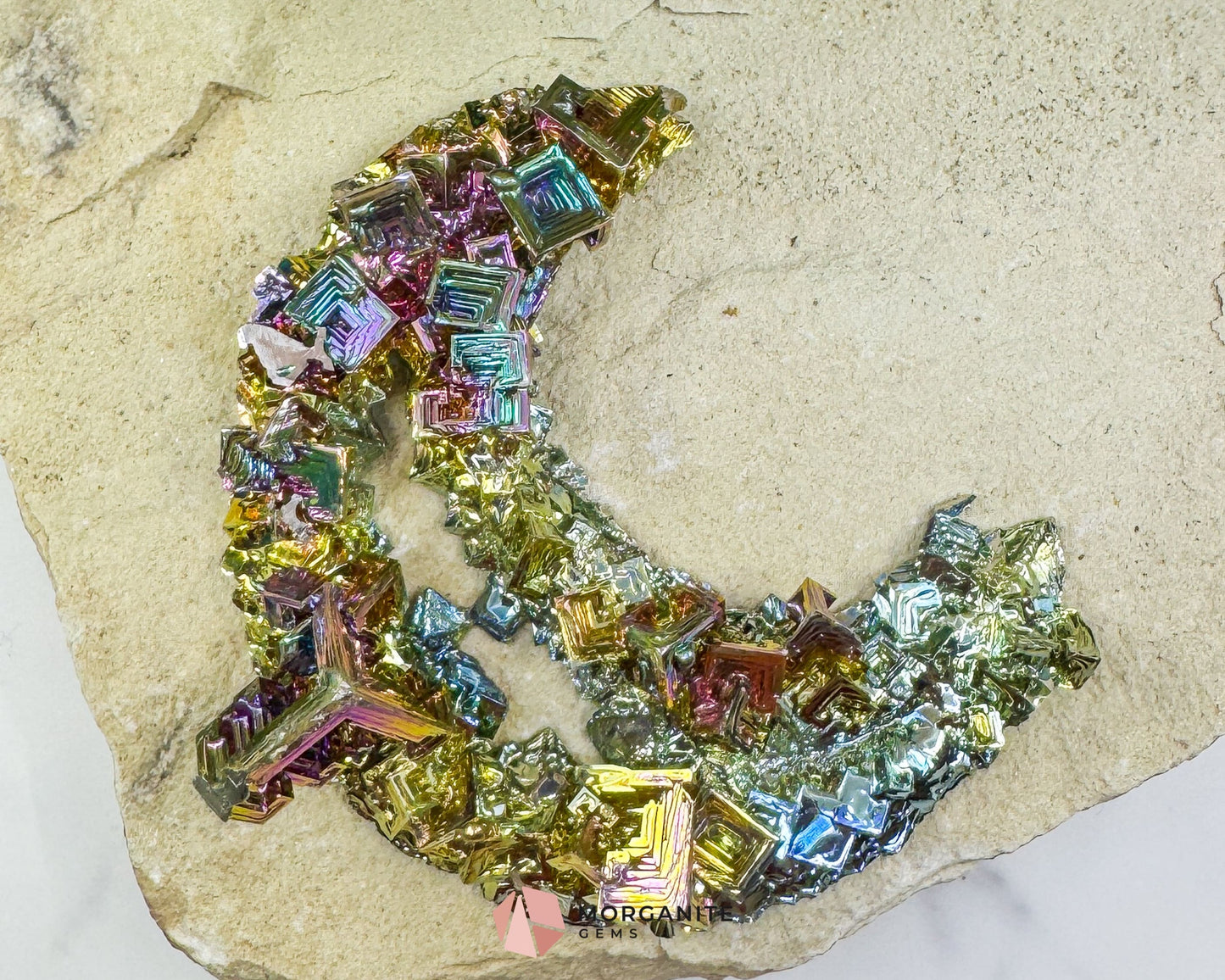 Rainbow Bismuth Moon Sculpture with Stand – Iridescent Crystal Crescent for Display Altar & Energy Work 🌙✨