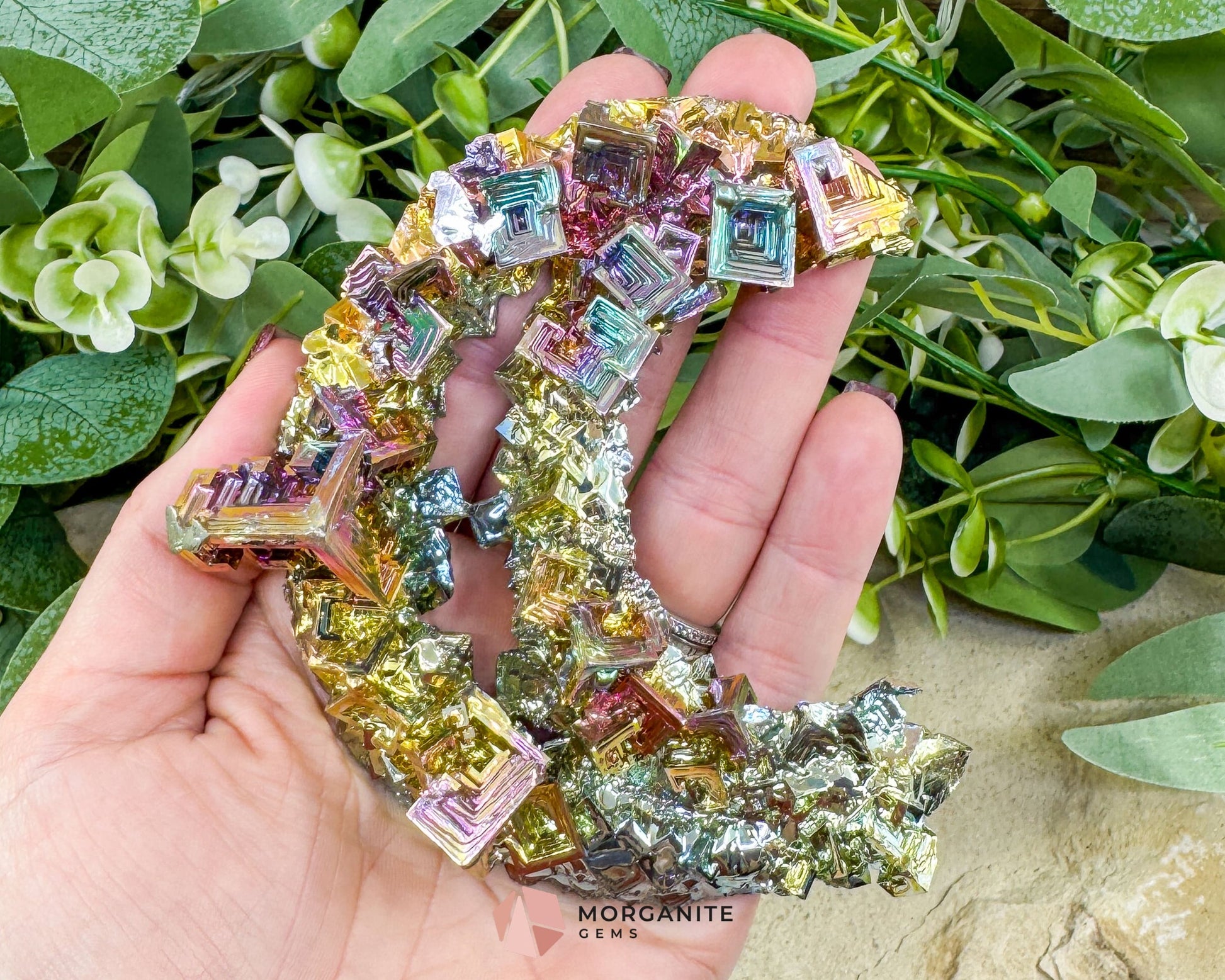 Rainbow Bismuth Moon Sculpture with Stand – Iridescent Crystal Crescent for Display Altar & Energy Work 🌙✨