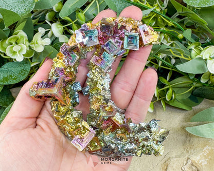 Rainbow Bismuth Moon Sculpture with Stand – Iridescent Crystal Crescent for Display Altar & Energy Work 🌙✨