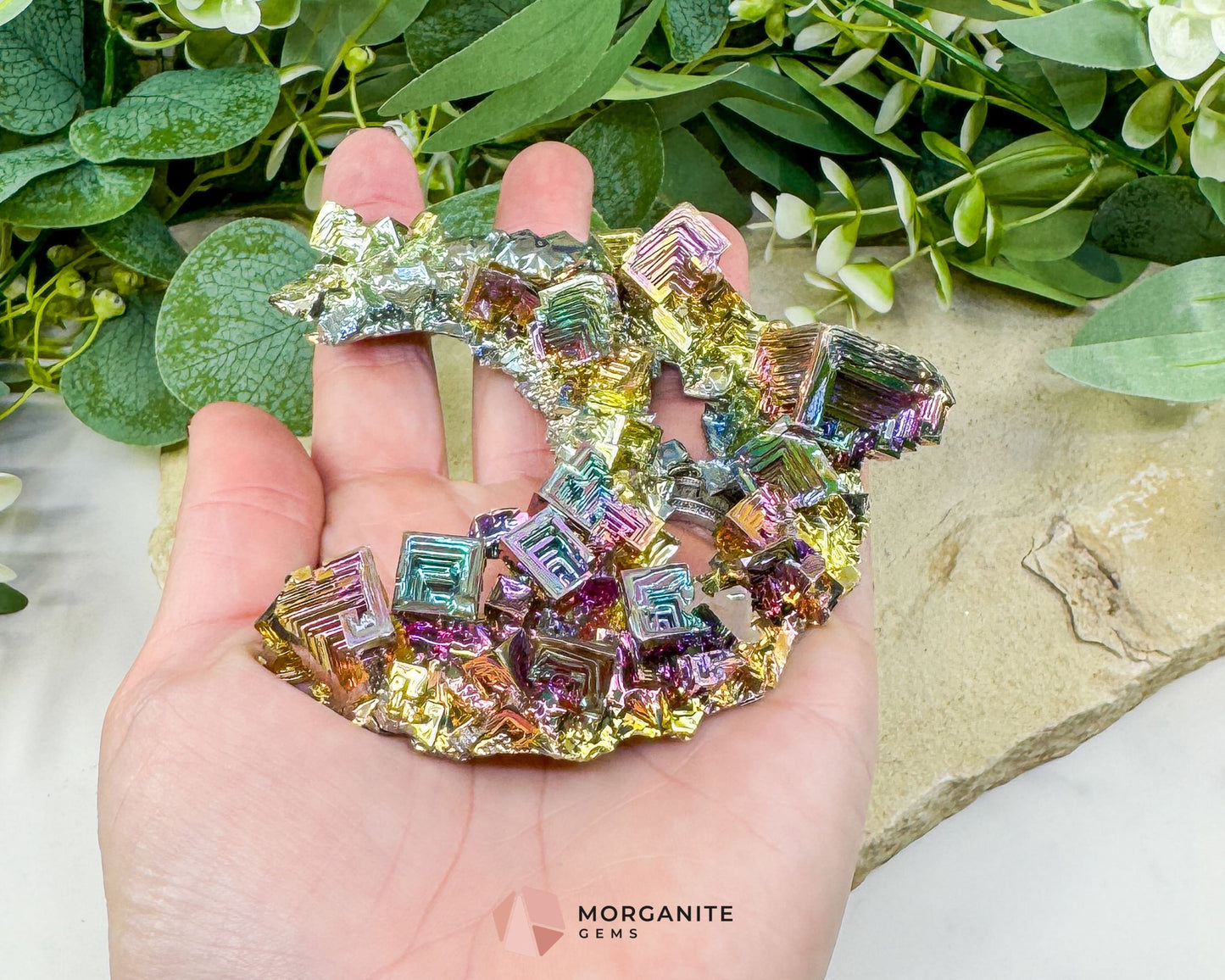 Rainbow Bismuth Moon Sculpture with Stand – Iridescent Crystal Crescent for Display Altar & Energy Work 🌙✨
