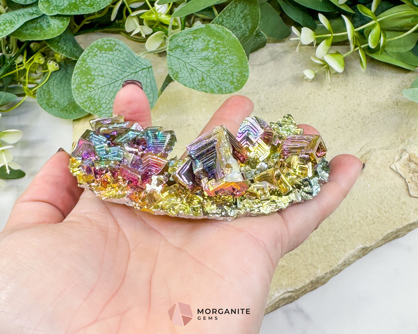 Rainbow Bismuth Moon Sculpture with Stand – Iridescent Crystal Crescent for Display Altar & Energy Work 🌙✨