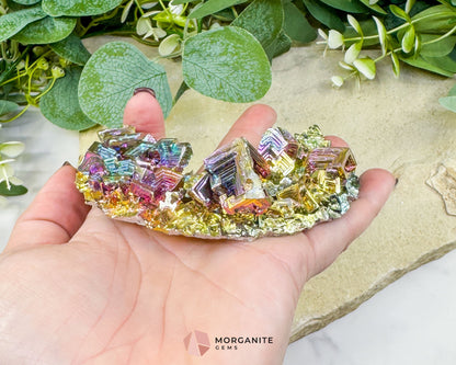 Rainbow Bismuth Moon Sculpture with Stand – Iridescent Crystal Crescent for Display Altar & Energy Work 🌙✨
