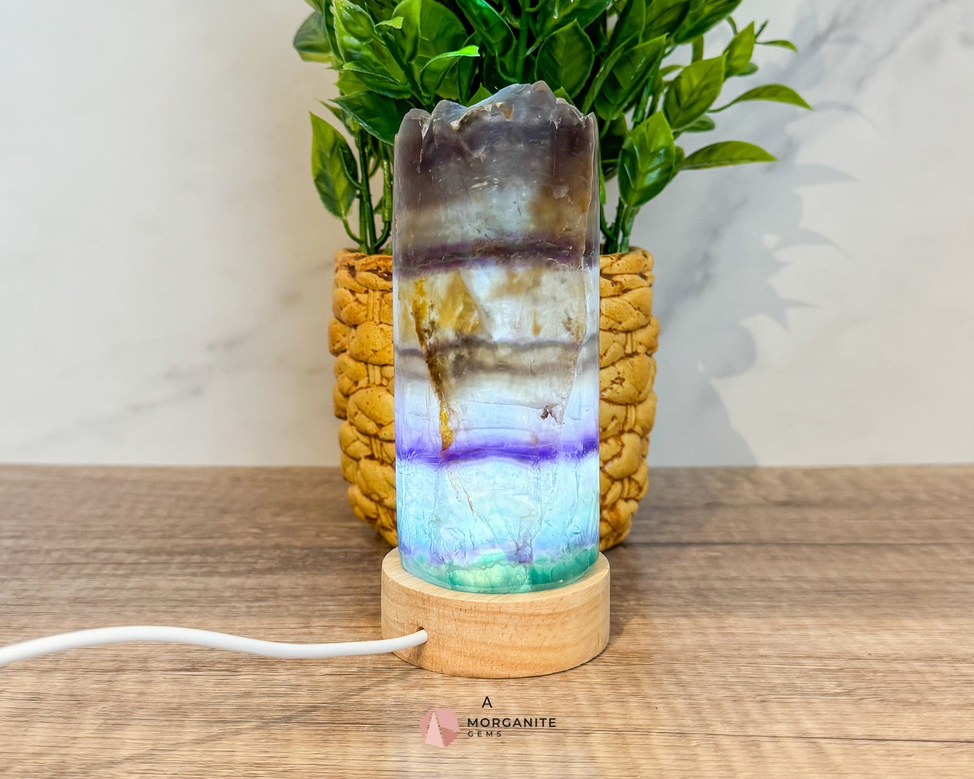 Rainbow Fluorite Cylinder Lamp with USB Lighted Base – Illuminate Your Space with Natural Beauty-Morganite Gems