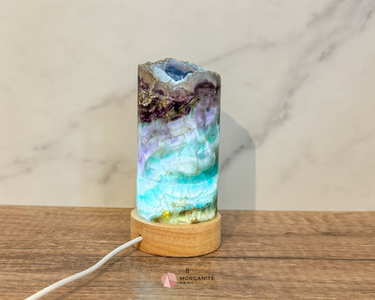 Rainbow Fluorite Cylinder Lamp with USB Lighted Base – Illuminate Your Space with Natural Beauty-Morganite Gems