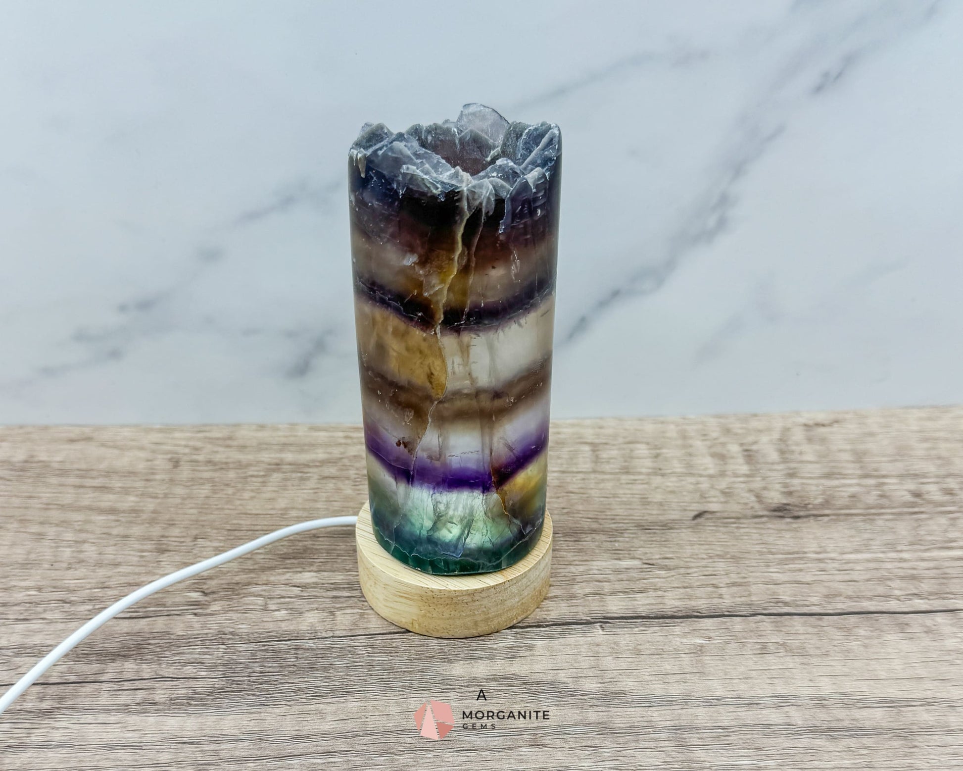 Rainbow Fluorite Cylinder Lamp with USB Lighted Base – Illuminate Your Space with Natural Beauty-Morganite Gems