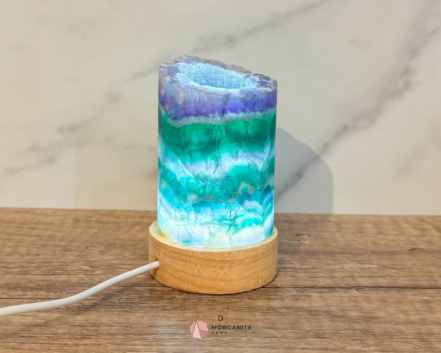 Rainbow Fluorite Cylinder Lamp with USB Lighted Base – Illuminate Your Space with Natural Beauty-Morganite Gems