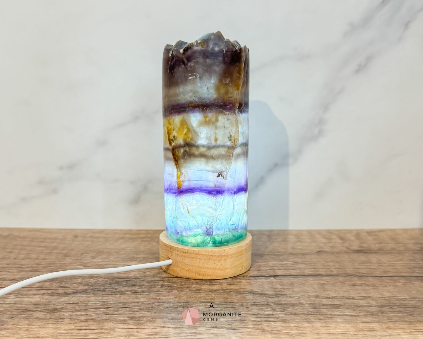 Rainbow Fluorite Cylinder Lamp with USB Lighted Base – Illuminate Your Space with Natural Beauty-Morganite Gems