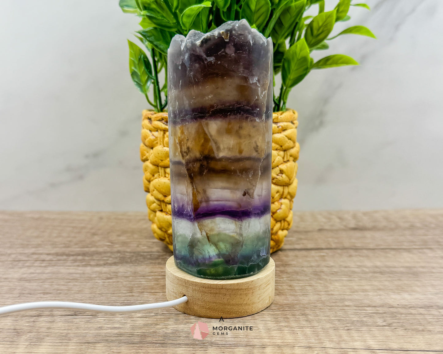 Rainbow Fluorite Cylinder Lamp with USB Lighted Base – Illuminate Your Space with Natural Beauty-Morganite Gems