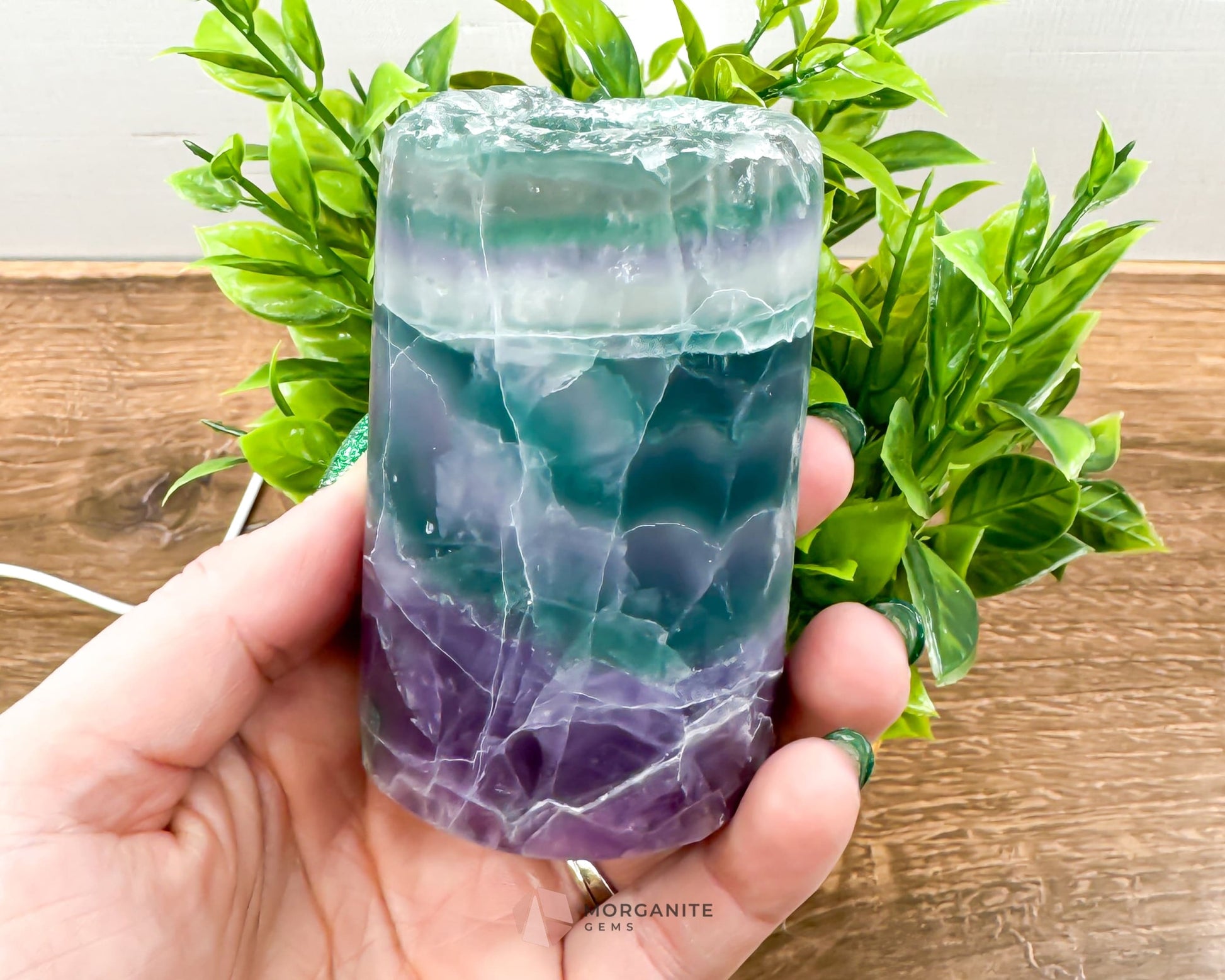 Rainbow Fluorite Cylinder Lamp with USB Lighted Base – Illuminate Your Space with Natural Beauty-Morganite Gems