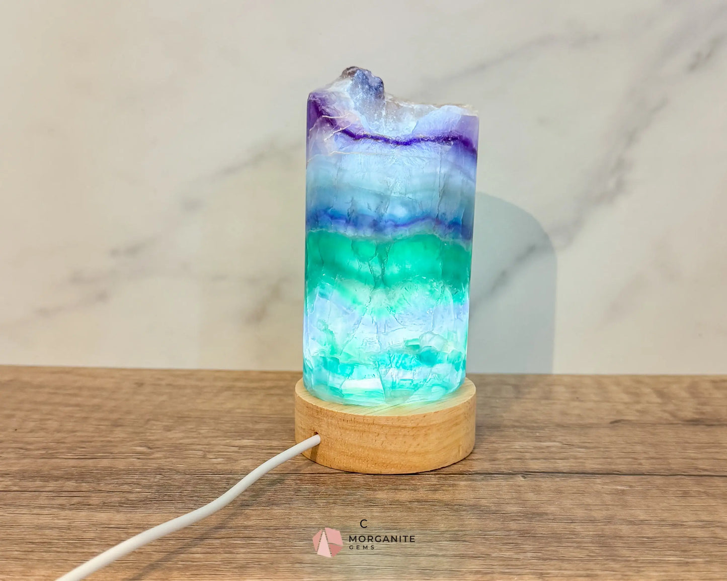 Rainbow Fluorite Cylinder Lamp with USB Lighted Base – Illuminate Your Space with Natural Beauty-Morganite Gems