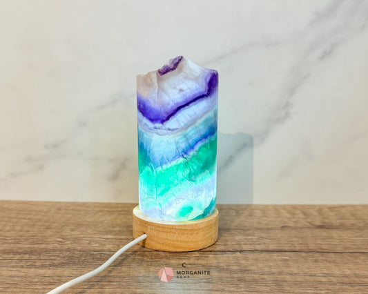 Rainbow Fluorite Cylinder Lamp with USB Lighted Base – Illuminate Your Space with Natural Beauty-Morganite Gems