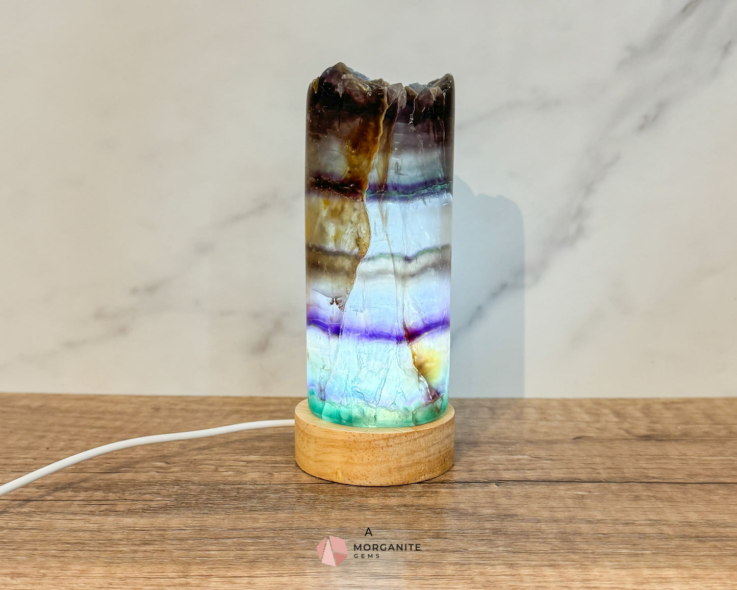 Rainbow Fluorite Cylinder Lamp with USB Lighted Base – Illuminate Your Space with Natural Beauty-Morganite Gems