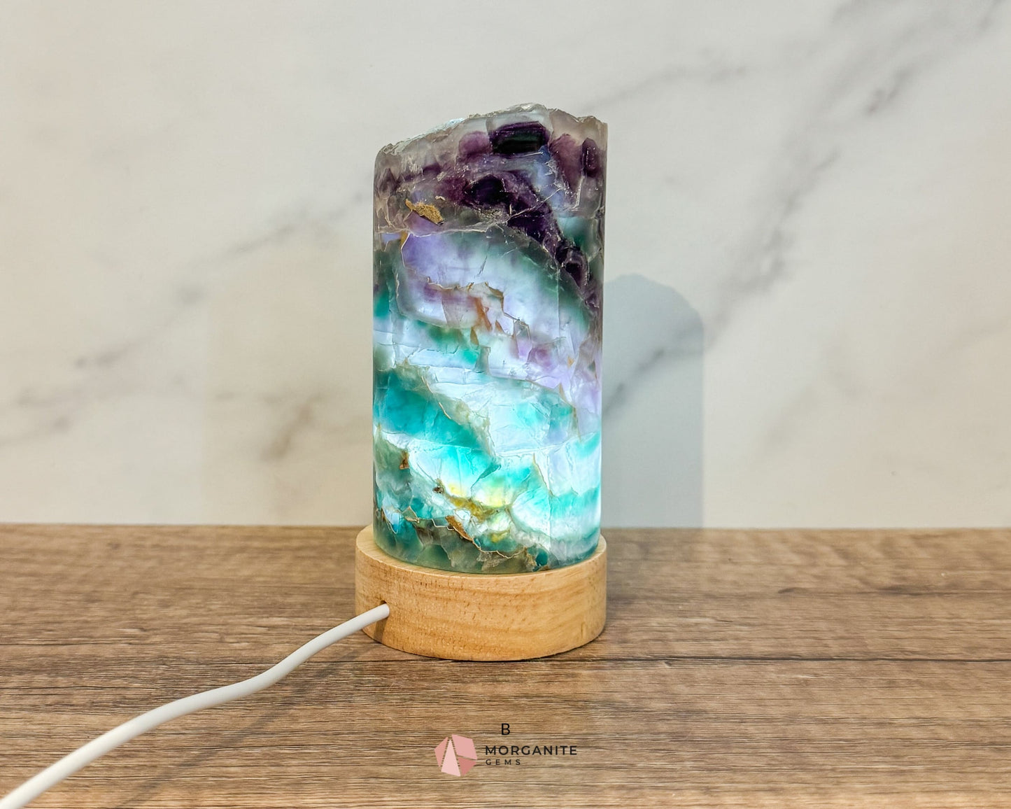 Rainbow Fluorite Cylinder Lamp with USB Lighted Base – Illuminate Your Space with Natural Beauty-Morganite Gems