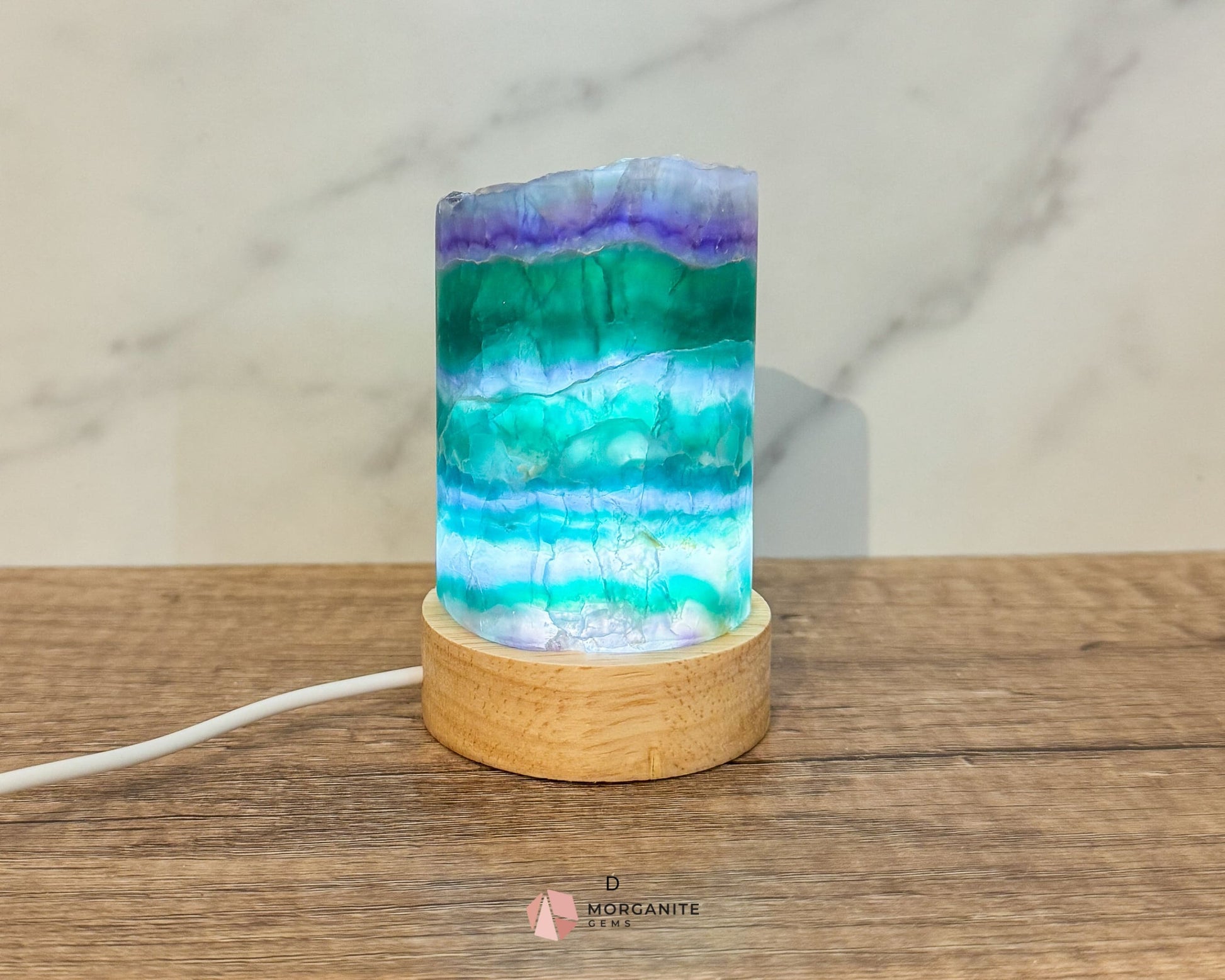 Rainbow Fluorite Cylinder Lamp with USB Lighted Base – Illuminate Your Space with Natural Beauty-Morganite Gems