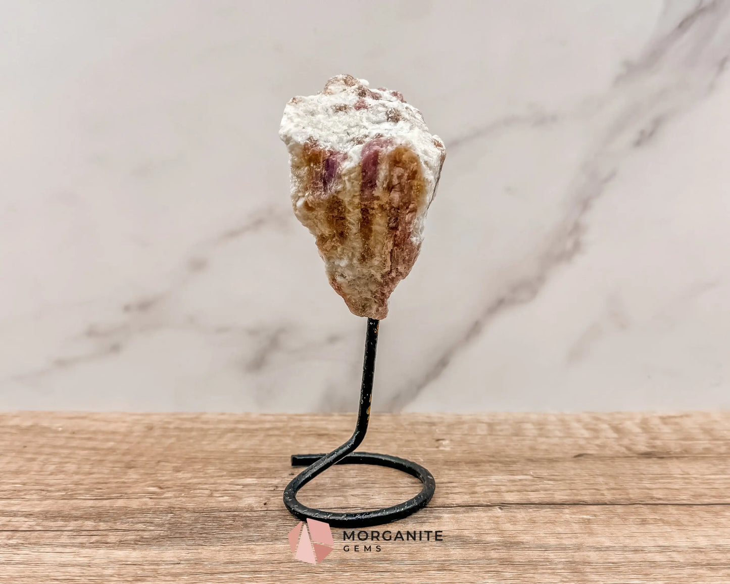 Raw Pink and White Tourmaline on Metal Stand – Healing Crystal for Love, Balance & Emotional Support-Morganite Gems