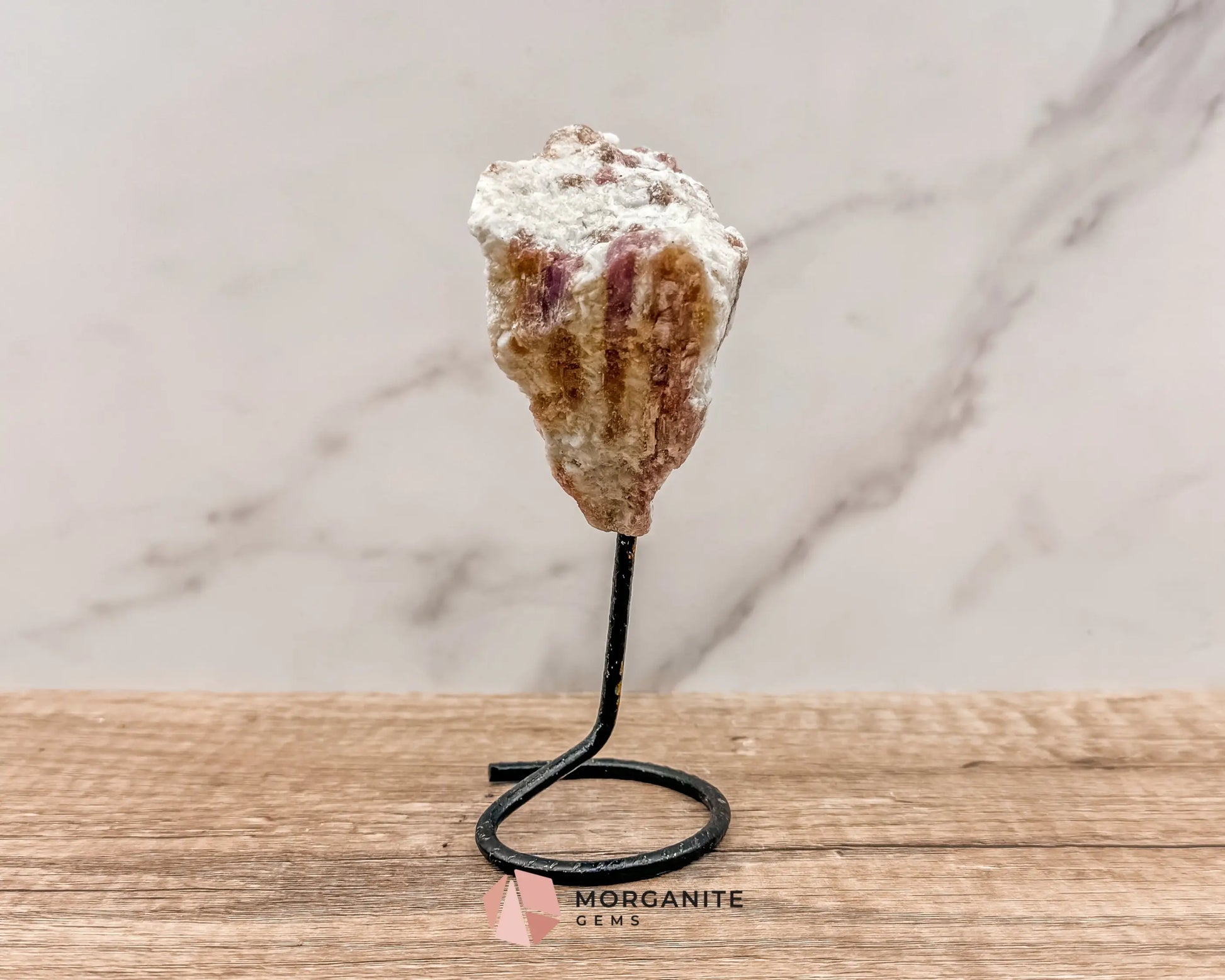 Raw Pink and White Tourmaline on Metal Stand – Healing Crystal for Love, Balance & Emotional Support-Morganite Gems