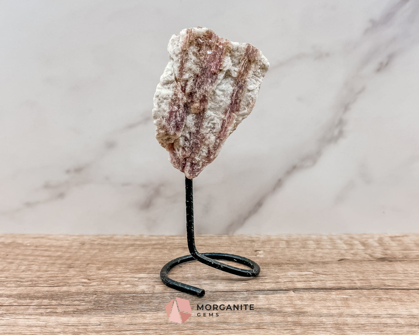 Raw Pink and White Tourmaline on Metal Stand – Healing Crystal for Love, Balance & Emotional Support-Morganite Gems