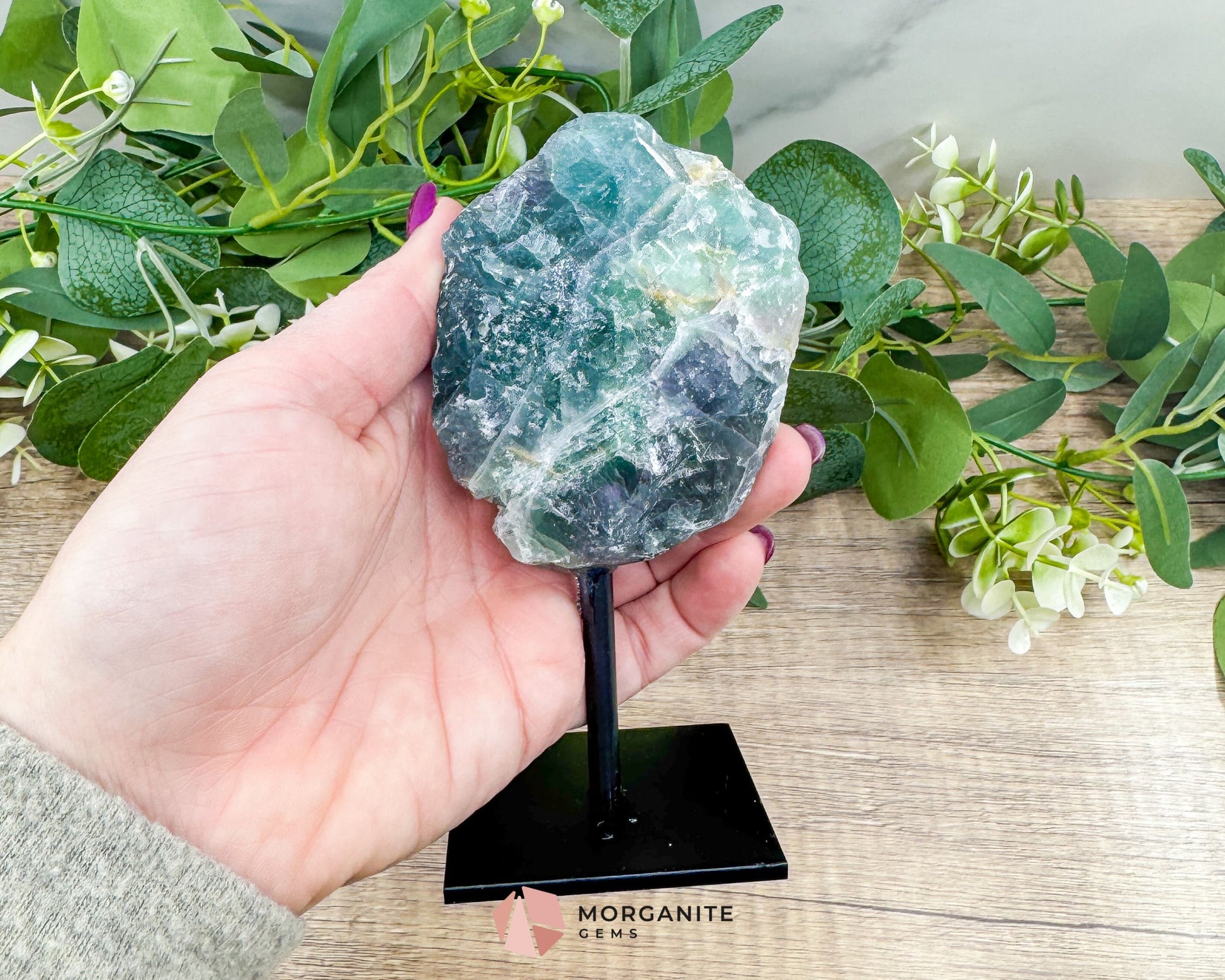 Raw Rainbow Fluorite on Metal Stand – Natural Crystal for Clarity & Energy - Metaphysical Crystals