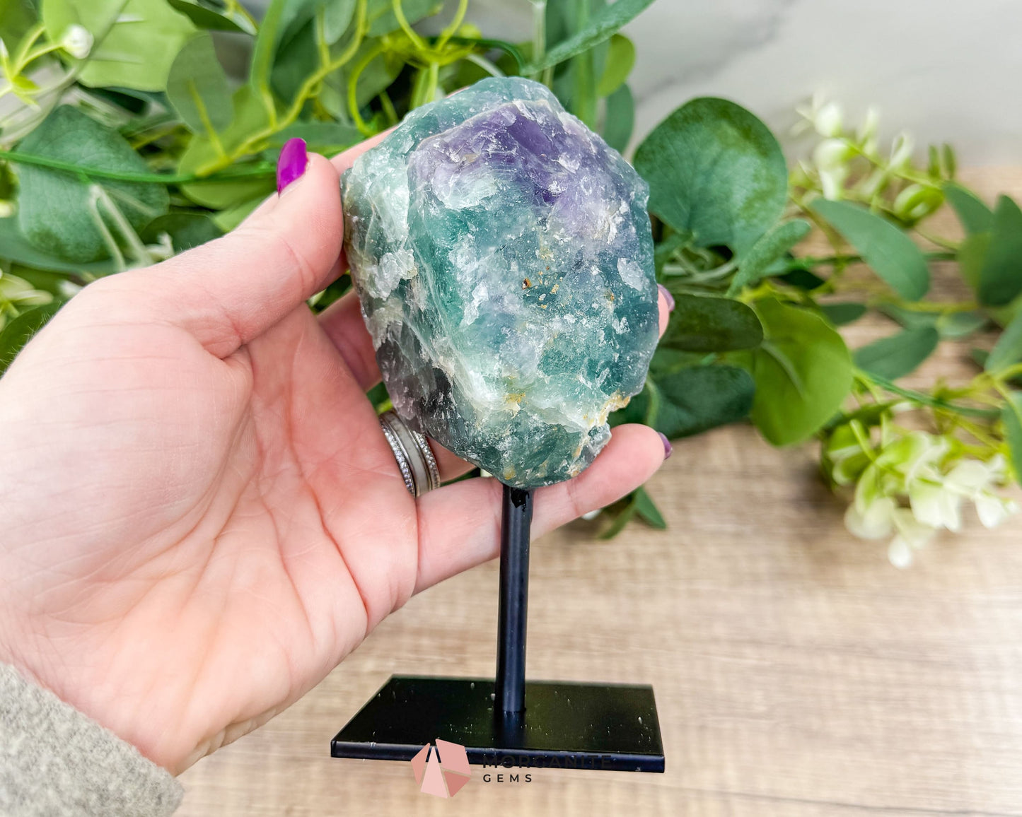 Raw Rainbow Fluorite on Metal Stand – Natural Crystal for Clarity & Energy - Metaphysical Crystals