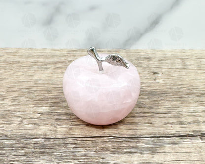 Rose Quartz Apple Carving with Crystal-Embellished Leaf – Symbol of Love and Abundance-Morganite Gems