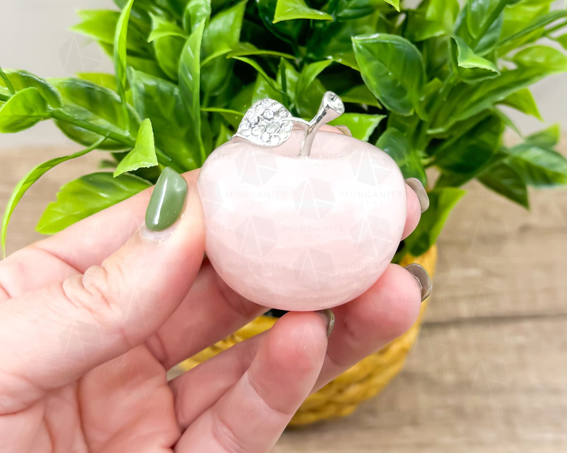 Rose Quartz Apple Carving with Crystal-Embellished Leaf – Symbol of Love and Abundance-Morganite Gems