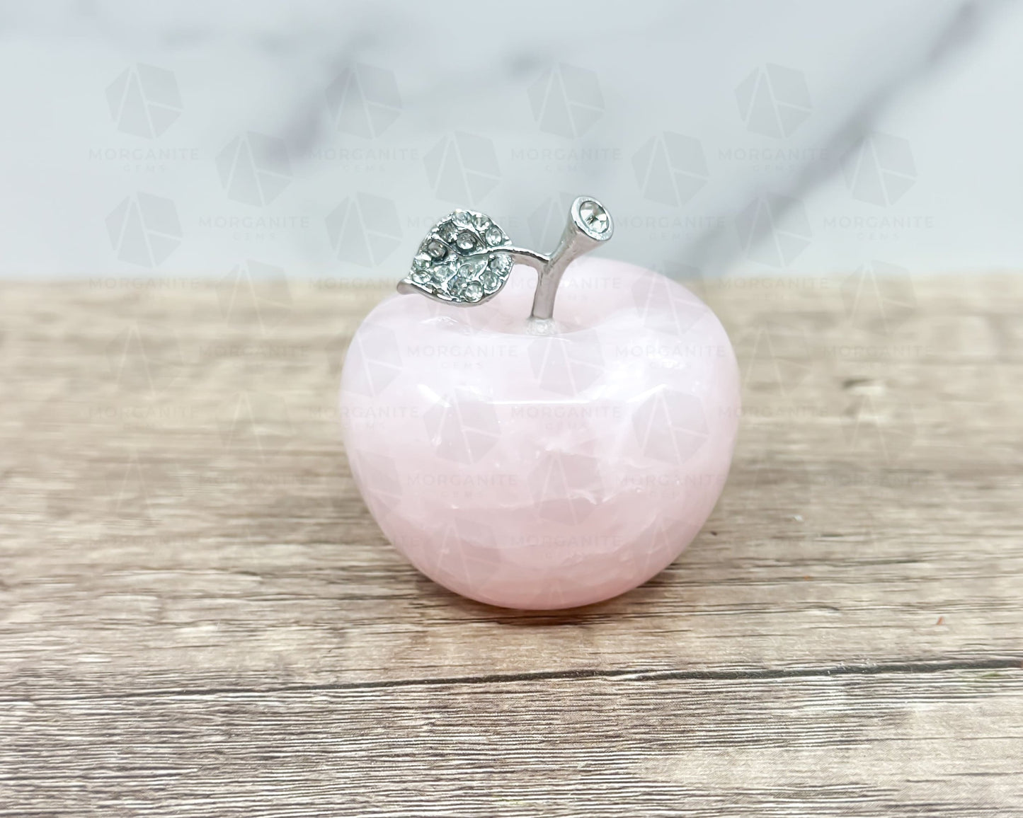 Rose Quartz Apple Carving with Crystal-Embellished Leaf – Symbol of Love and Abundance-Morganite Gems