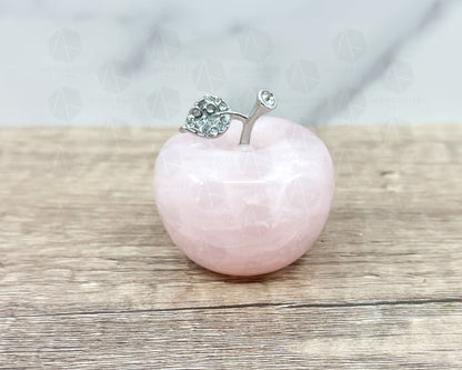 Rose Quartz Apple Carving with Crystal-Embellished Leaf – Symbol of Love and Abundance-Morganite Gems