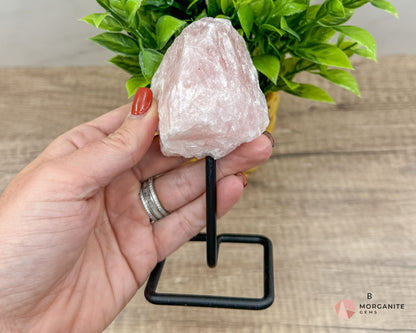 Rose Quartz Raw Specimen on Metal Stand – Stone of Love, Compassion, and Emotional Healing-Morganite Gems