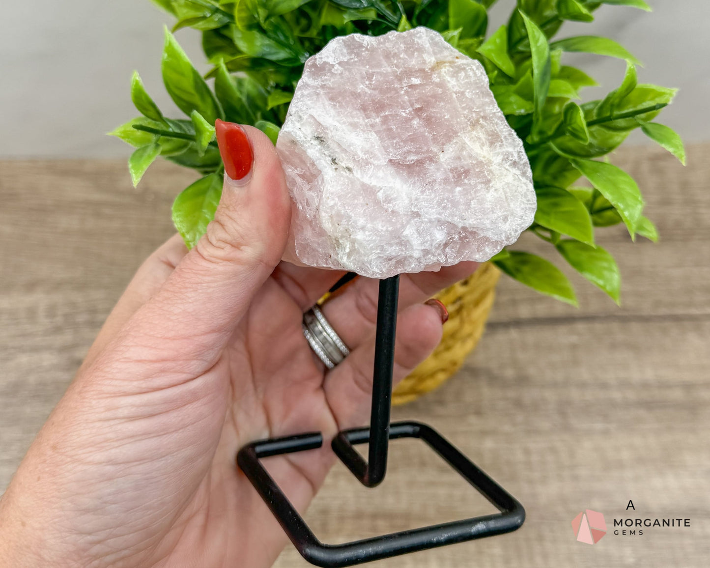 Rose Quartz Raw Specimen on Metal Stand – Stone of Love, Compassion, and Emotional Healing-Morganite Gems